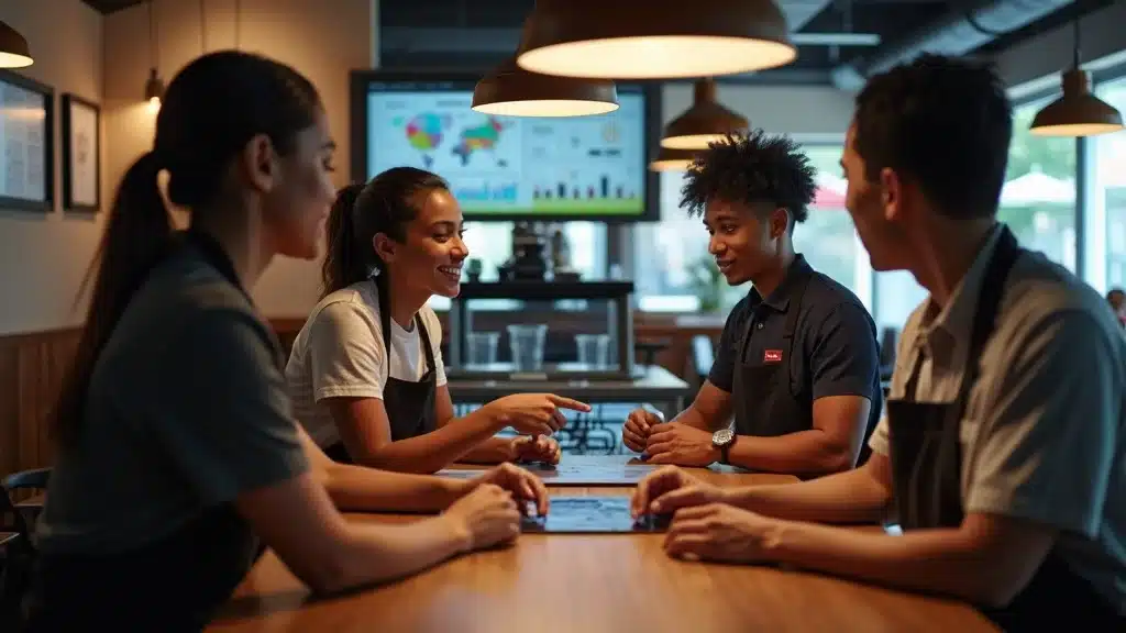 Diverse fast-casual restaurant staff collaborating around a digital dashboard to optimize customer retention strategies