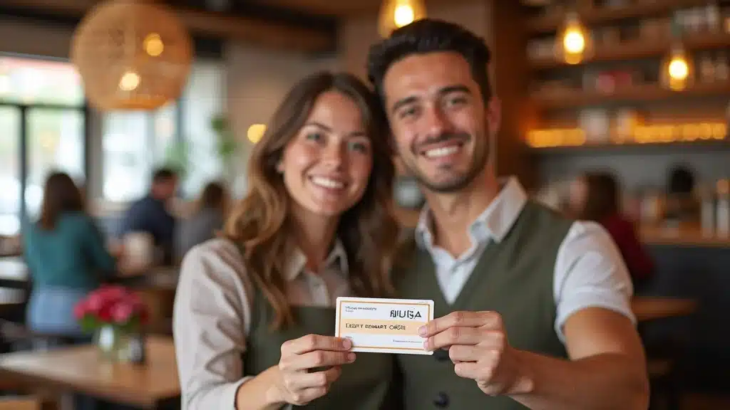 Bright loyalty card display with happy customer and friendly staff—loyalty program success in restaurant setting