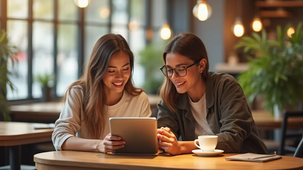 restaurant loyalty technology - Friends exploring digital restaurant loyalty app on a tablet in a modern cafe