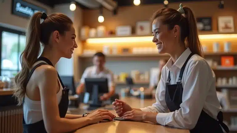 Two young women in aprons smile and chat with each other at a coffee shop counter, with warm lighting and baristas working in the background. - Digital Red Zone Two young women in aprons smile and chat with each other at a coffee shop counter, with warm lighting and baristas working in the background.