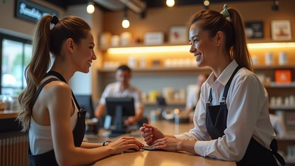Two young women in aprons smile and chat with each other at a coffee shop counter, with warm lighting and baristas working in the background.
