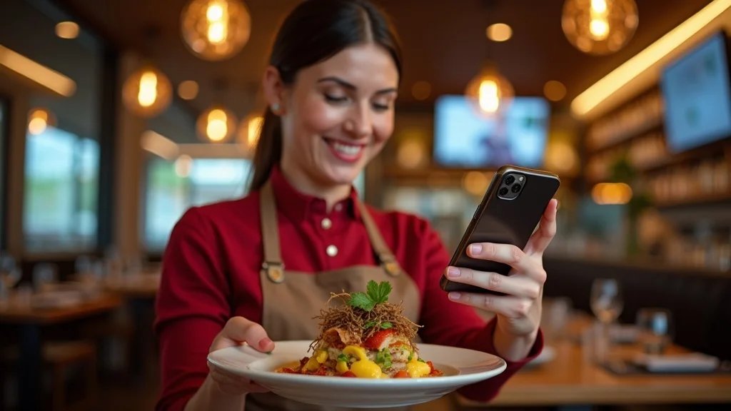 Restaurant team member photographing vibrant dish for social media marketing campaign in stylish contemporary dining room.