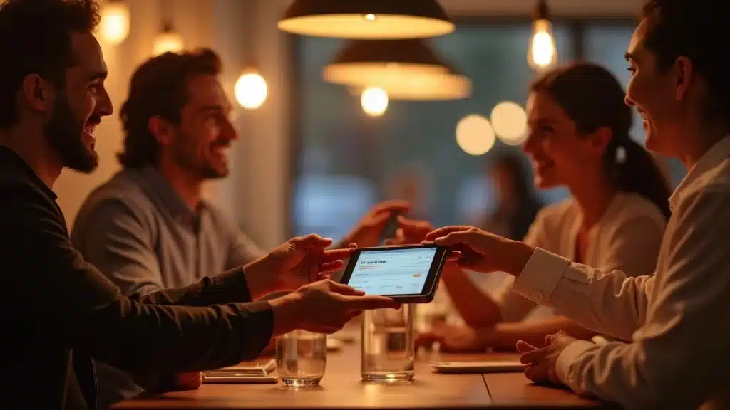 Vibrant restaurant with smiling customers redeeming digital rewards—rewards program psychology in action