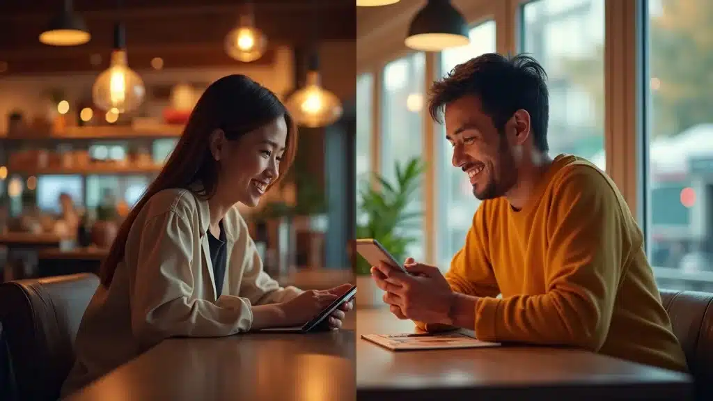 Sleek split-screen scene of a happy restaurant guest dining in and another enjoying online ordering at home, representing on- and off-premise customer retention strategies