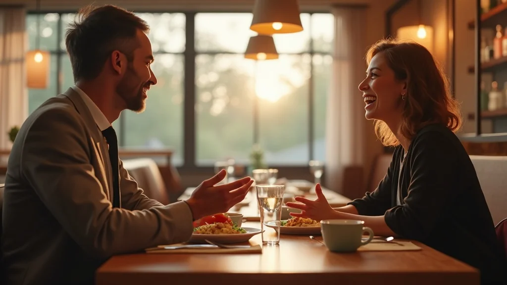 Happy customer engaging in conversation with attentive staff on one side, satisfied guest enjoying ambiance on the other, illustrating customer engagement vs. customer experience