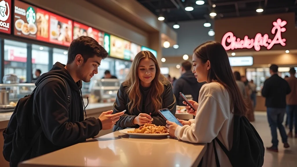 best restaurant loyalty programs - Customers at Chipotle, Starbucks, Chick-fil-A comparing loyalty apps in food court