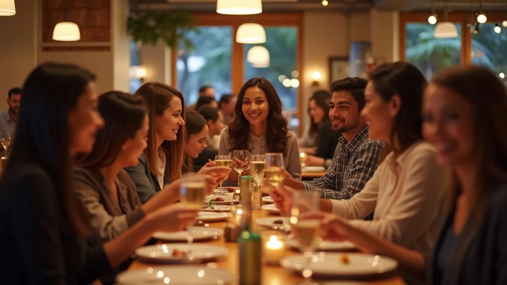 A group of people sit around a long, candle-lit table in a cozy restaurant, smiling and raising their glasses in a toast while enjoying a meal together. Warm lighting creates a welcoming, festive atmosphere.