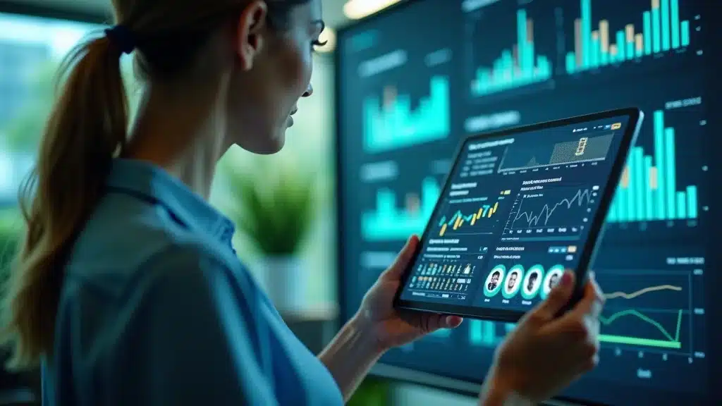 Marketer reviewing customer data and rewards dashboard—personalization through loyalty program insights