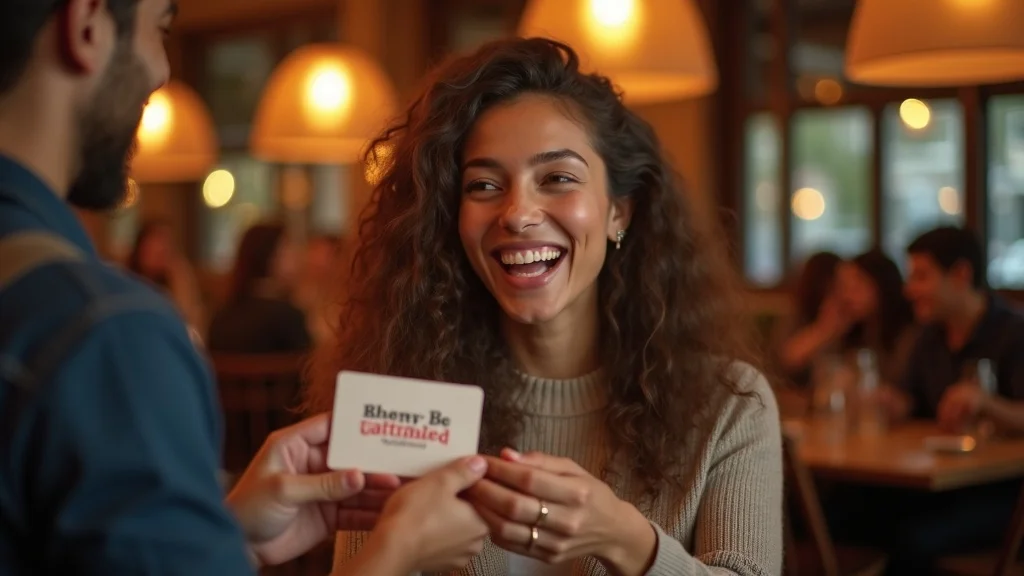 Joyful restaurant customer receiving loyalty reward card for effective loyalty program.