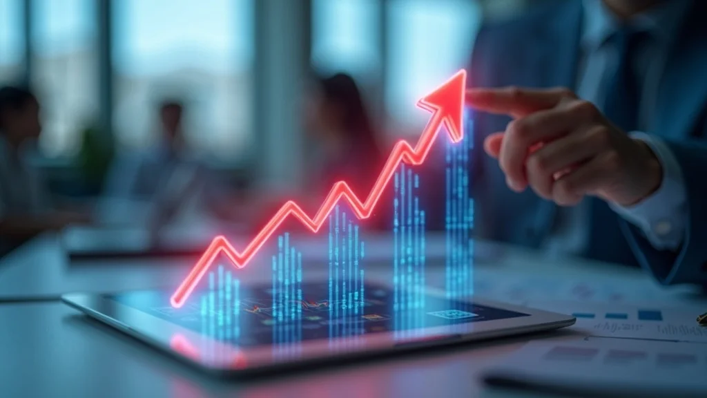 A person points at a glowing red upward arrow graph displayed above a tablet, symbolizing business growth and increasing financial data, in a modern office setting.