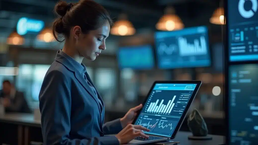 Professional restaurant manager analyzing customer analytics dashboard to inform customer retention strategies