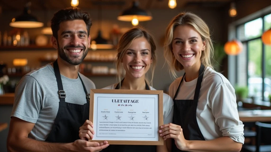 Celebratory restaurant team holding a framed review, showing pride in increased customer engagement and sales