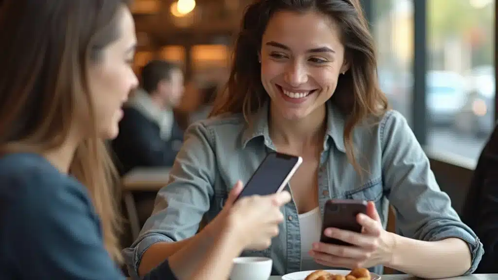 Satisfied young customer interacting with a modern restaurant loyalty program app, increasing customer retention