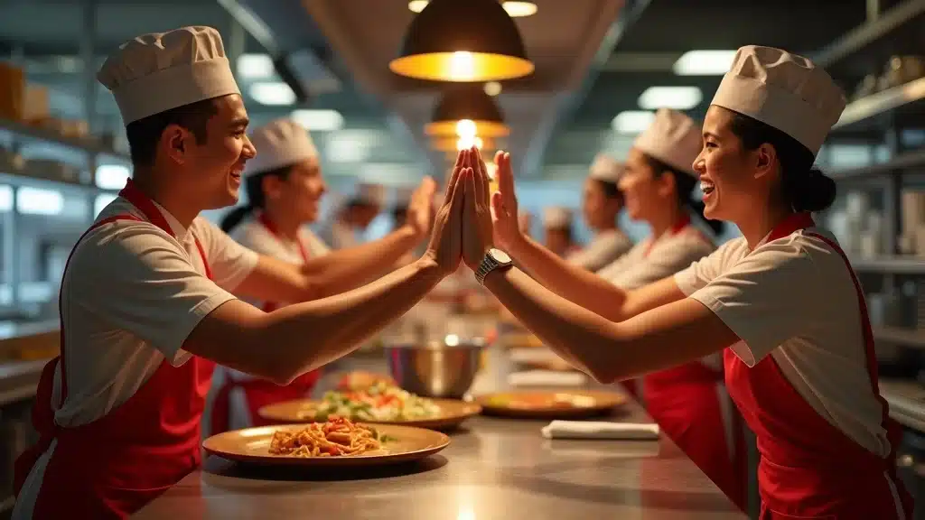 Enthusiastic restaurant team high-fiving behind the counter, celebrating successful customer retention strategies