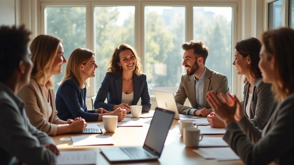 Diverse business community tackling google negative review extortion scams together, positive collaboration, roundtable discussion with business owners, laptops, review charts, optimistic teamwork