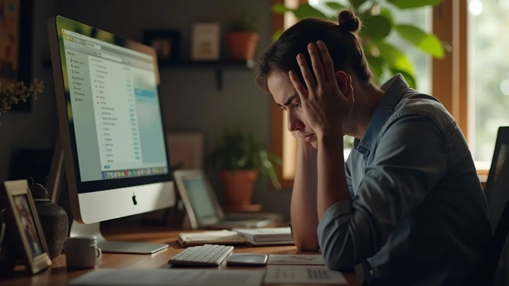 Small business owner worried about google negative review extortion scams, watching fake negative reviews pile up on Google Business dashboard, stressed expression in a cozy office