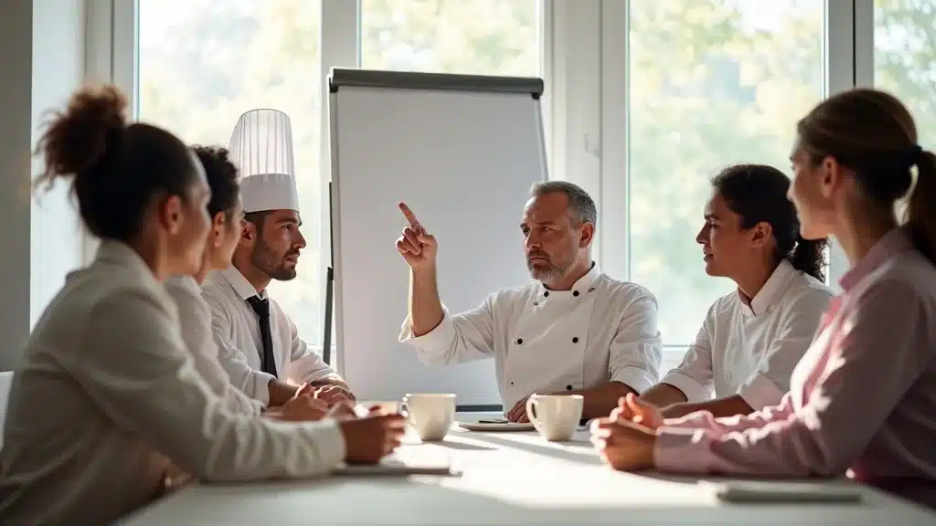 Restaurant team attending a training session for customer retention strategies, led by a professional chef