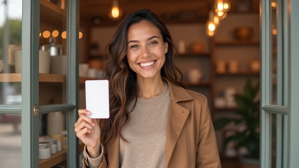 friendly small business owner with digital loyalty card for loyalty points system