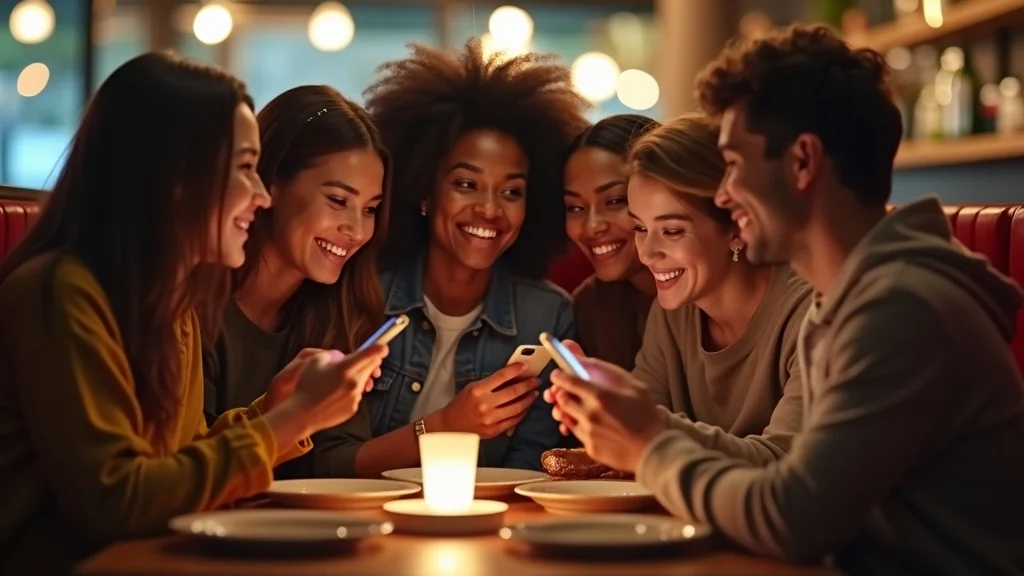 customers earn points together: friends using loyalty points system in restaurant