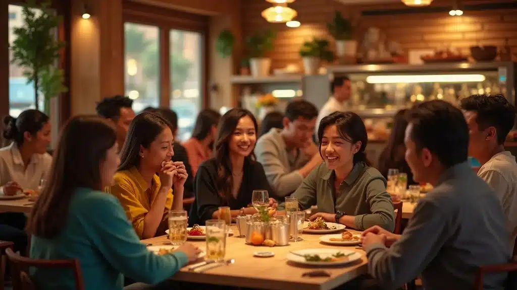 Vibrant restaurant interior bustling with diverse, happy diners, showcasing customer retention strategies in action