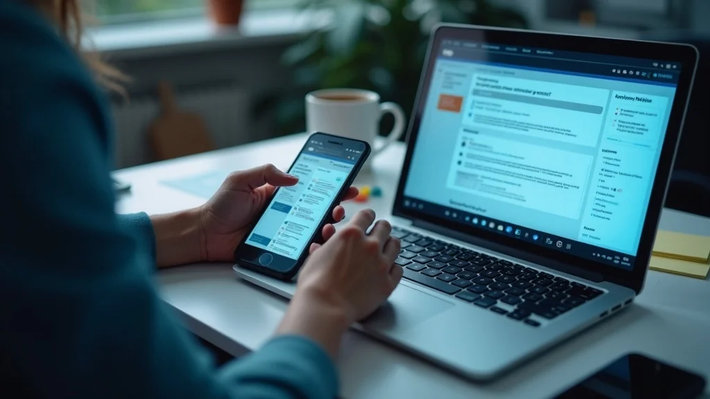 Showing suspicious Google review patterns, fake negative review detection on a smartphone and laptop, digital review elements with alerts, clean workspace background