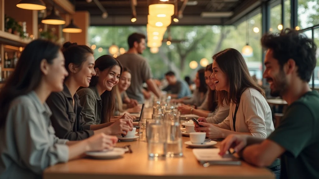 A group of young adults sits at a long table in a cozy, modern café, smiling and chatting with each other. Warm lights hang from the ceiling, and large windows reveal greenery outside.