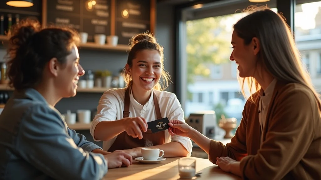 restaurant loyalty program - Barista hands rewards card to happy loyal customers in a coffee shop