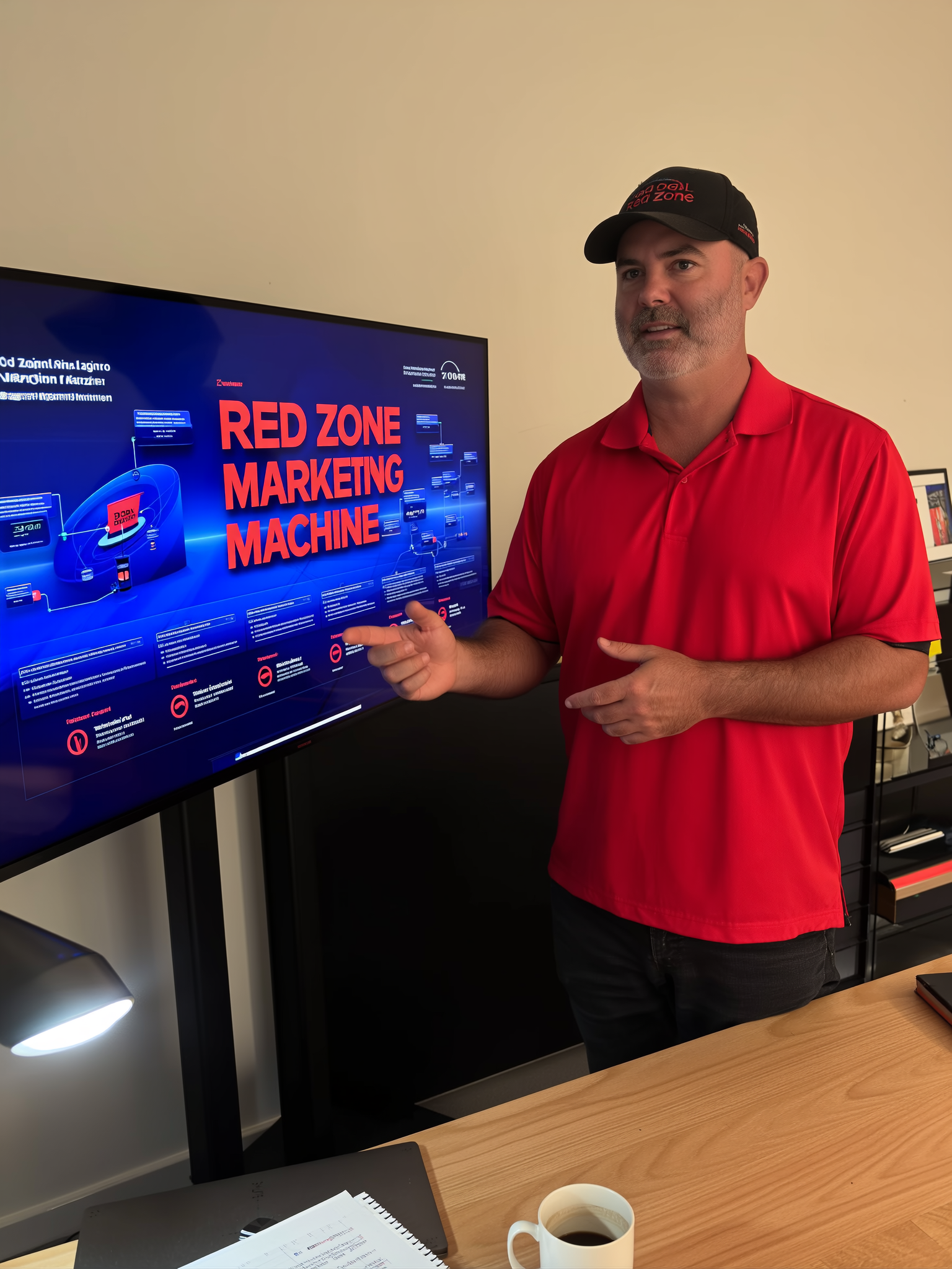 Keir Anderson in a red polo shirt and cap stands next to a large screen displaying a Red Zone Marketing Machine presentation, highlighting features of an all-in-one marketing platform for small business owners. A desk with a notebook, pen, and coffee mug is in the foreground.