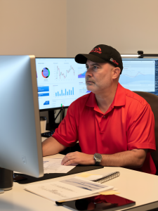 Keir Anderson sits at a desk, working on an Internet Marketing Plan with charts and graphs displayed on multiple monitors behind him. Documents and a notebook related to his marketing plan are on the desk.