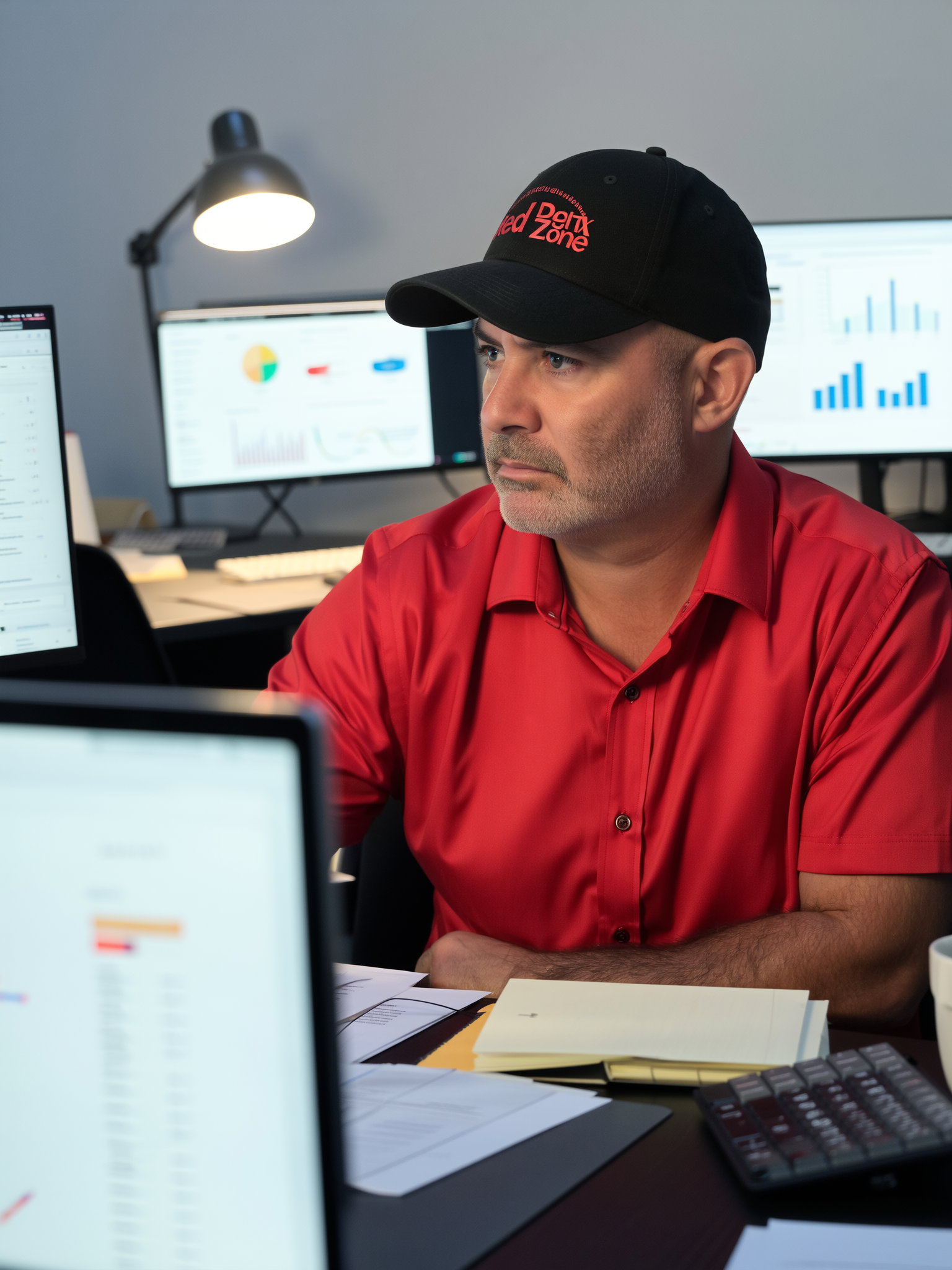 Keir Anderson in a red shirt and black cap sits at a desk with charts, graphs, and paperwork, likely analyzing data for Reputation Management. He appears focused in a modern office with computer monitors, desk lamps, and a calculator.