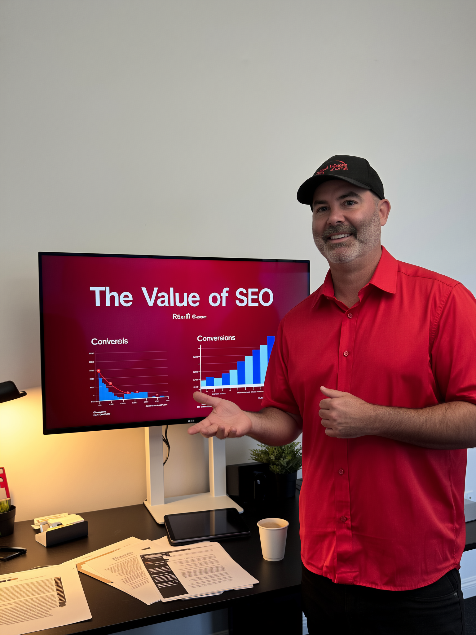 Keir Anderson in a red shirt and cap presents a slide on a monitor titled The Value of SEO, showing line and bar graphs for conversions. Papers, a phone, and coffee cup rest on the desk beside him in a modern office focused on Search Engine Optimization.