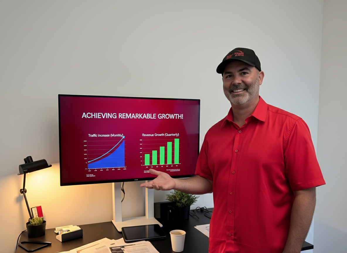 Keir Anderson in a red shirt and cap stands beside a monitor displaying charts titled ACHIEVING REMARKABLE GROWTH! with upward trends in traffic, revenue growth, and Email Marketing success, smiling and gesturing towards the screen in an office setting.