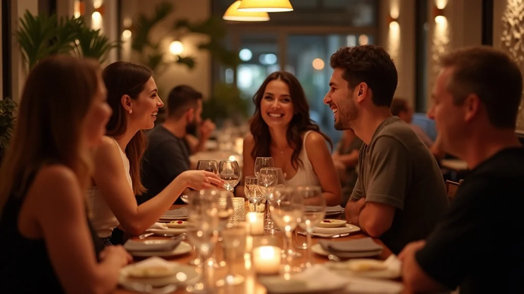 A group of friends sit around a warmly lit restaurant table, smiling and talking, with glasses and plates in front of them, creating a cozy, cheerful atmosphere.