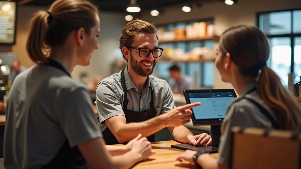 restaurant staff assisting guest with joining digital loyalty program at POS