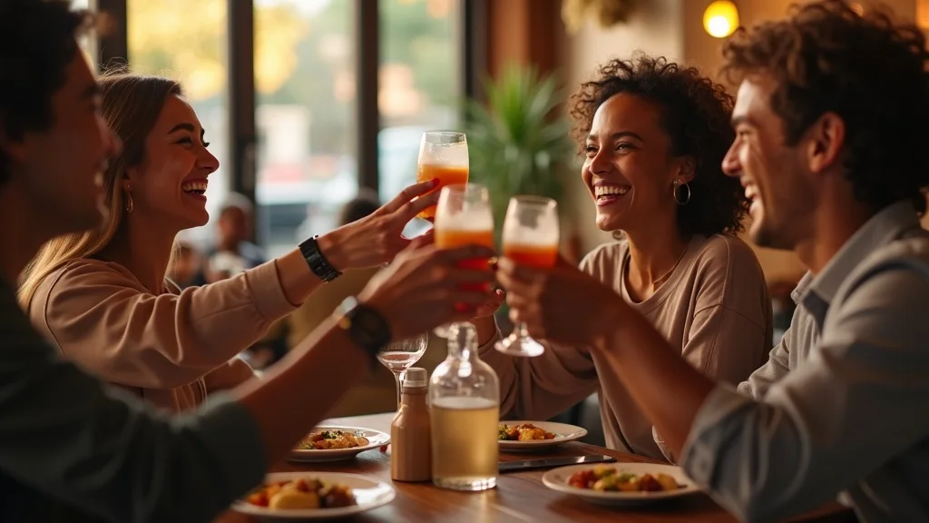 joyful friends celebrating successful referral program reward in a restaurant