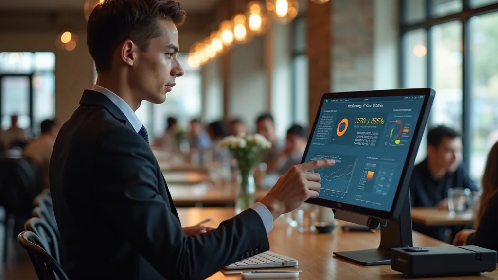 restaurant promotion idea manager POS sales data dashboard photorealistic office