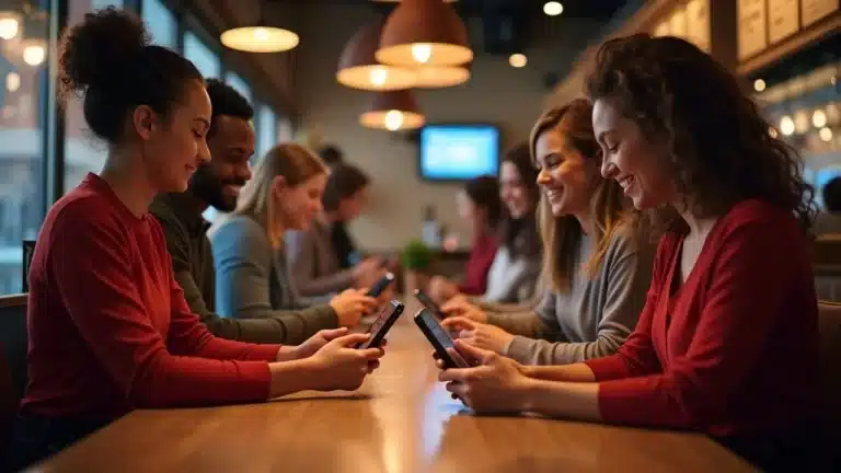A group of young adults sit together at a long table in a cozy café, smiling and interacting with their smartphones. Warm lighting and relaxed atmosphere suggest a friendly social gathering. - Digital Red Zone A group of young adults sit together at a long table in a cozy café, smiling and interacting with their smartphones. Warm lighting and relaxed atmosphere suggest a friendly social gathering.