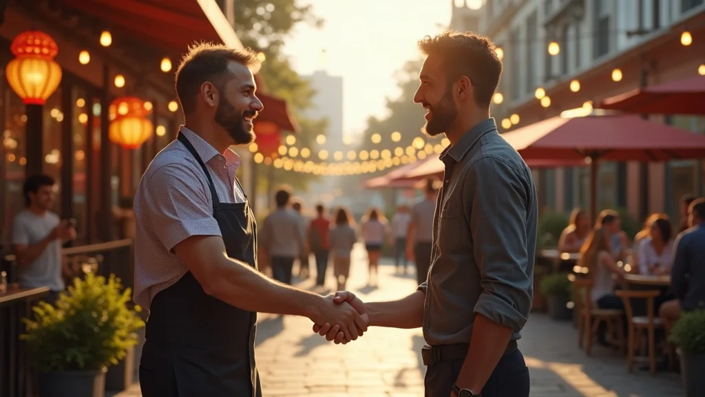 restaurant promotion idea community partnership manager business owner handshake sidewalk patio photorealistic