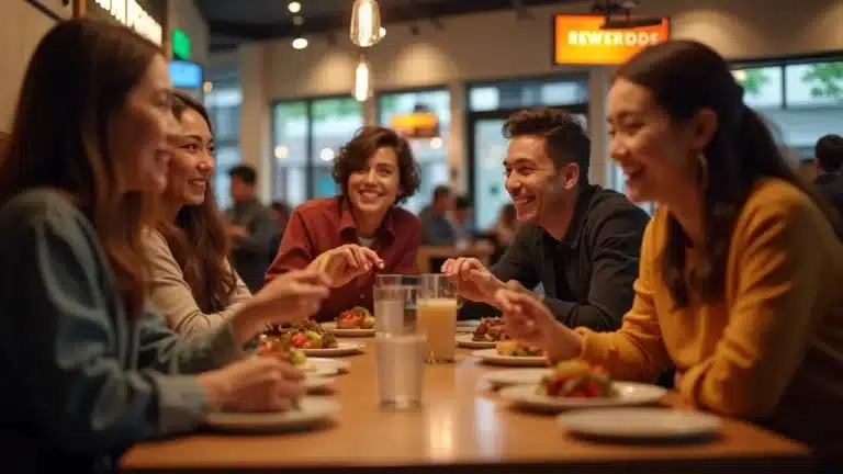 Five friends sit around a table in a lively restaurant, smiling and chatting while enjoying plates of food and drinks. Warm lighting and modern decor create a cheerful, relaxed atmosphere. - Digital Red Zone Five friends sit around a table in a lively restaurant, smiling and chatting while enjoying plates of food and drinks. Warm lighting and modern decor create a cheerful, relaxed atmosphere.