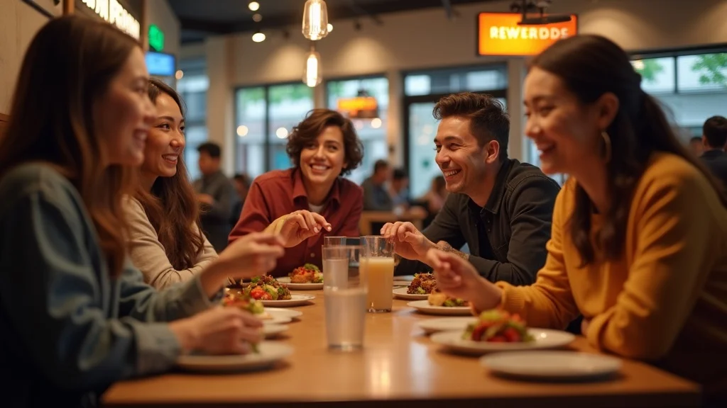 Five friends sit around a table in a lively restaurant, smiling and chatting while enjoying plates of food and drinks. Warm lighting and modern decor create a cheerful, relaxed atmosphere.