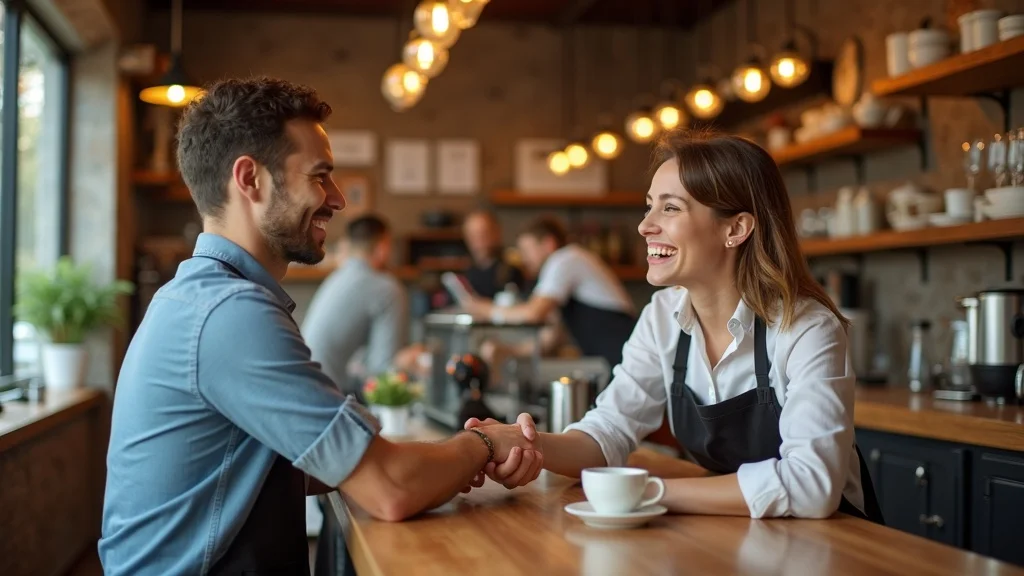 cafe owner greeting regular customer using digital rewards app, small business loyalty program