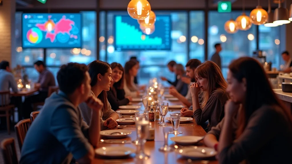 restaurant scene with digital dashboards overlay, repeat business data in digital rewards programs