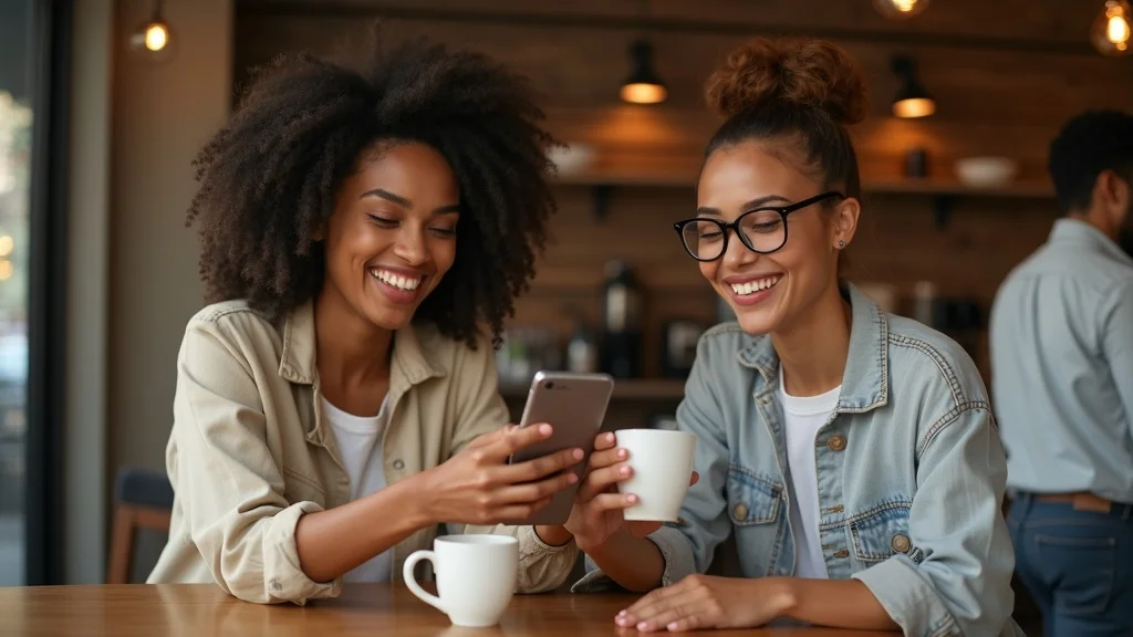 restaurant loyalty program customers scanning app photorealistic cozy cafe