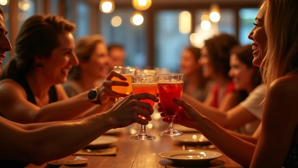 happy hour restaurant promotions friends clinking glasses stylish city bar photorealistic