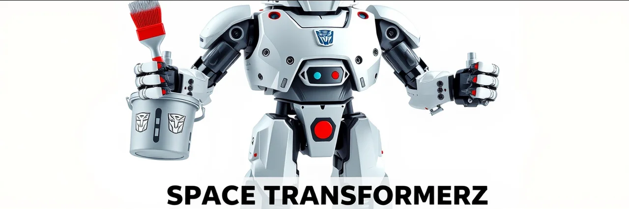 A robot resembling a Transformer holds a paintbrush in one hand and a paint bucket in the other, with the text SPACE TRANSFORMERZ below.
