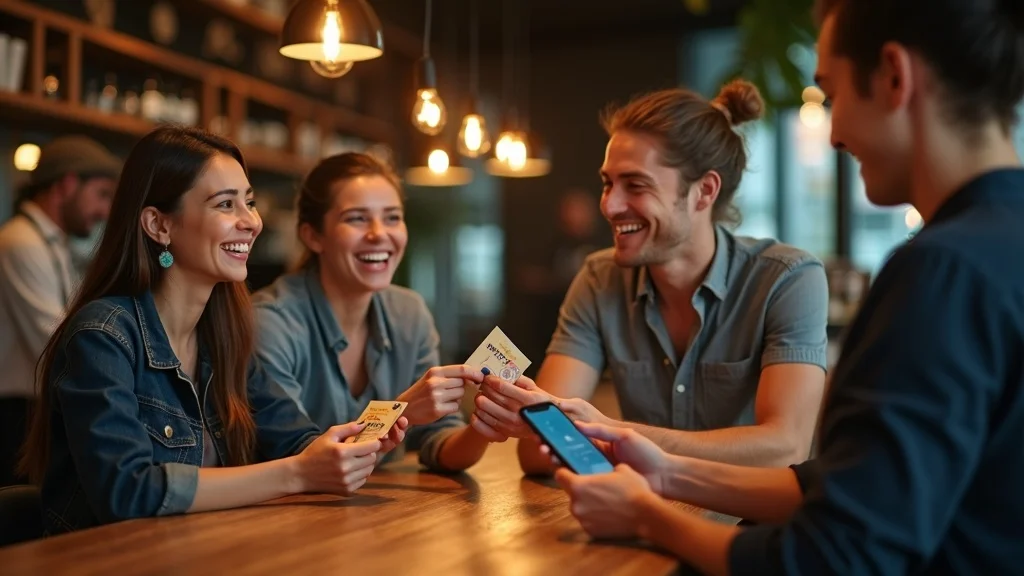 modern loyalty program in a restaurant, staff handing out punch cards and rewards, guests celebrating