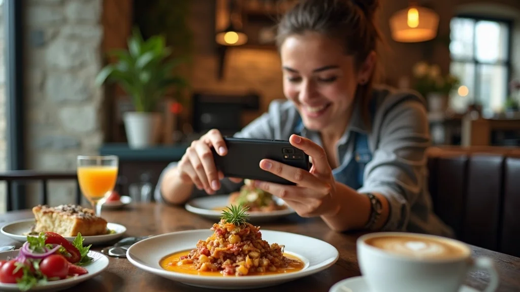 social media marketing for restaurant promotional offers marketer arranging food photorealistic rustic interior