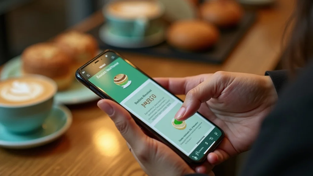 mobile phone displaying digital loyalty rewards, redeeming on cafe counter, customer loyalty program