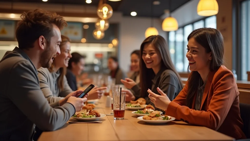 A group of young adults sit together at a restaurant table, eating, laughing, and talking, with drinks and plates of food in front of them under warm hanging lights.