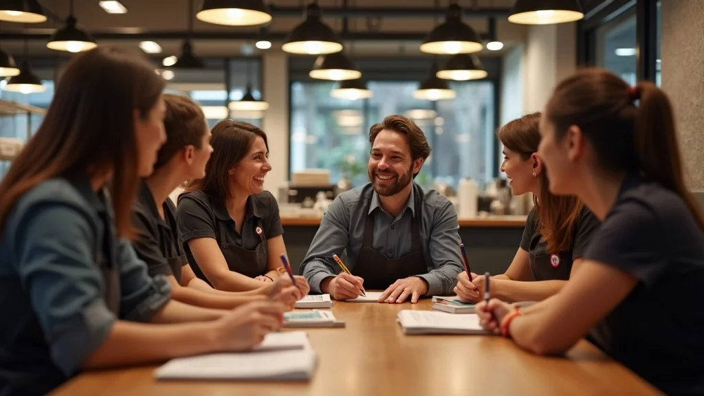 restaurant staff training session on customer service, manager and engaged team learning in bright space